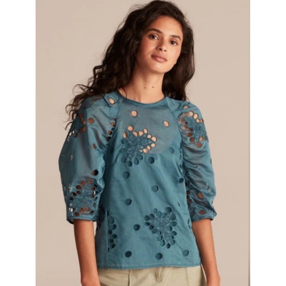 Rebecca Taylor Eyelet Embroidered Puff Sleeve Top Teal Blue 4 Floral Cutout